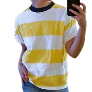 VTG 90s Preppy Yellow White Striped Crew Neck Short Sleeve Pocket Tee Shirt L